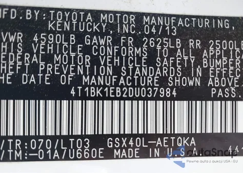 2013 Toyota Avalon Xle Touring из США, поврежденный, VIN 4T1BK1EB2DU037984